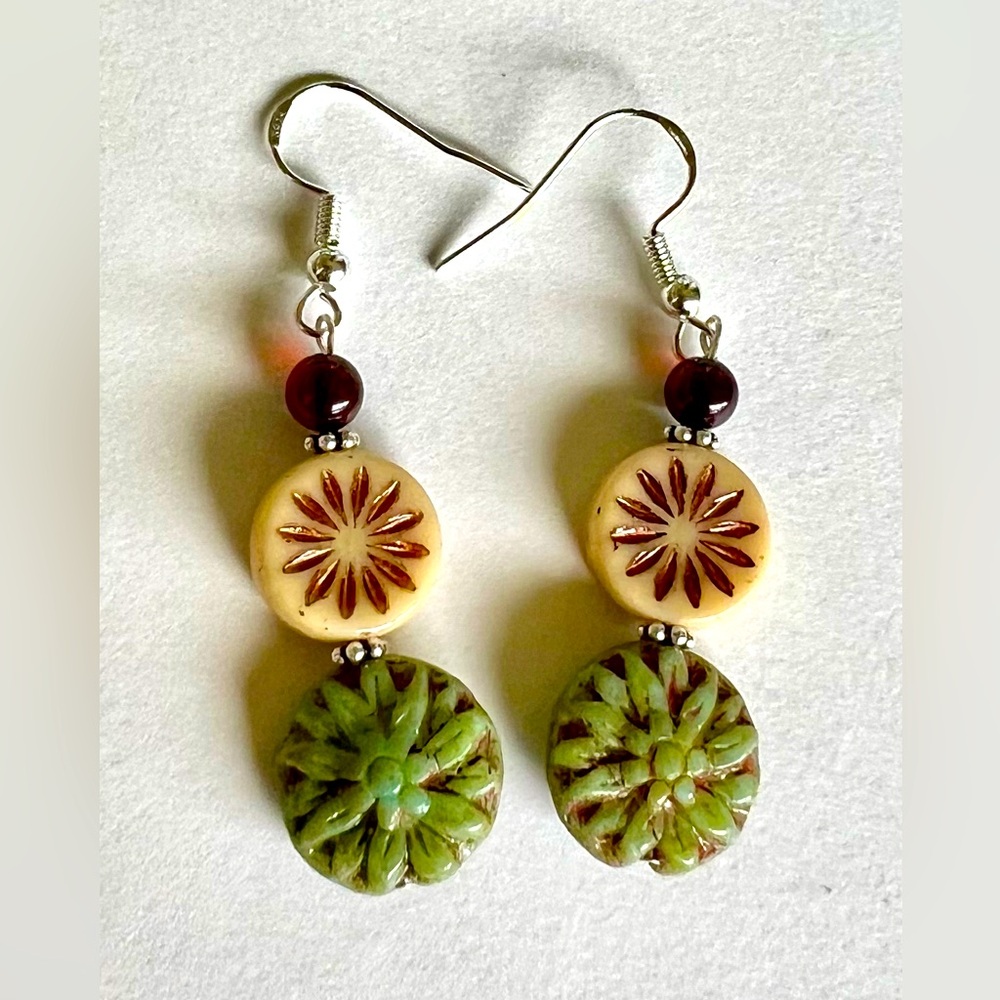 Solid Sterling Silver, Czech and Garnet Earrings
